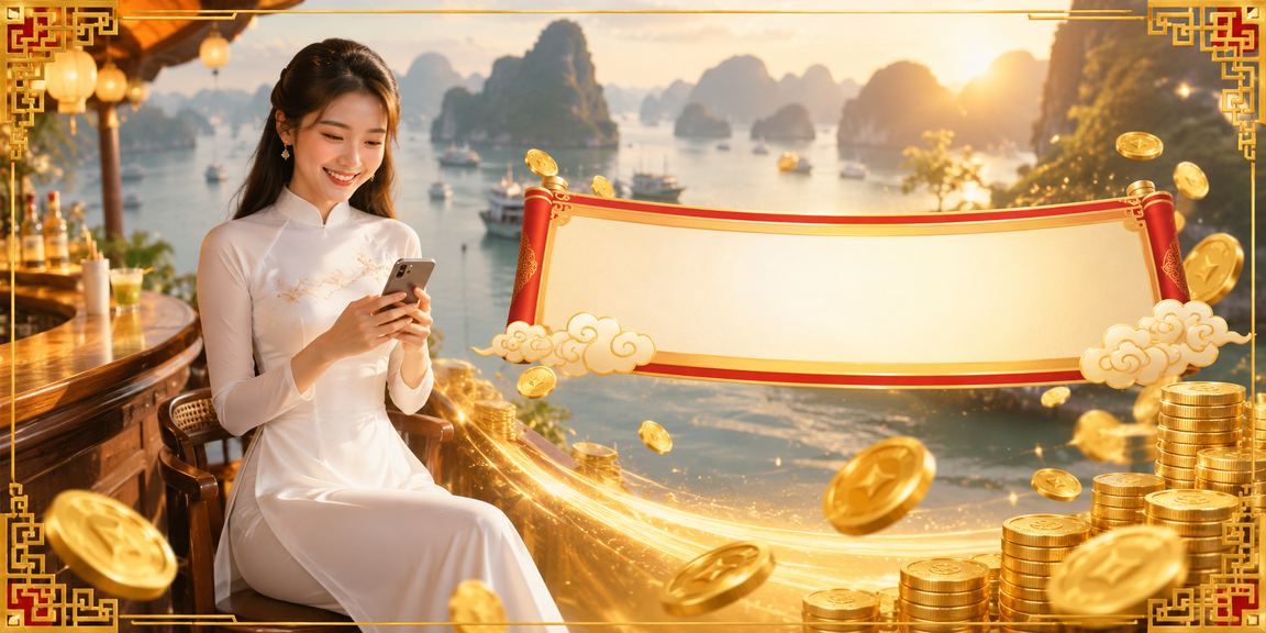 Người dùng mặc áo dài trải nghiệm mobile casino trên vịnh Hạ Long